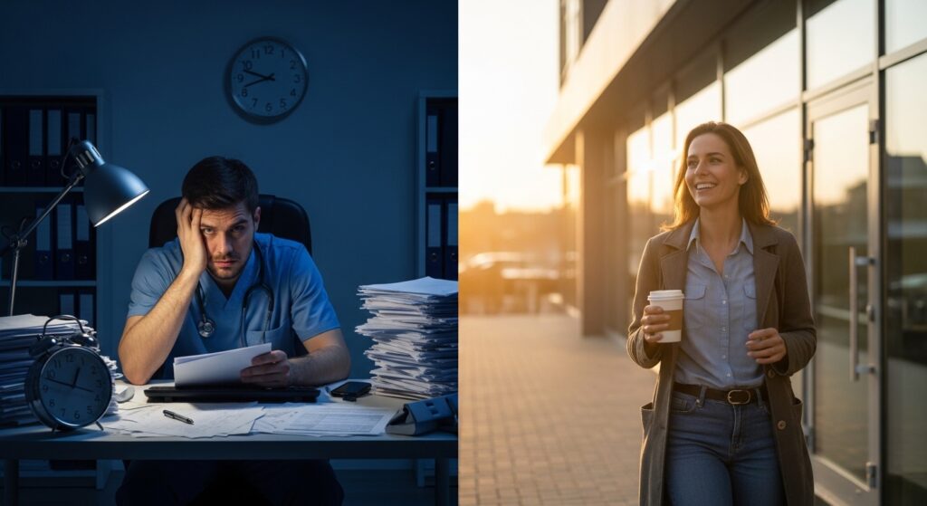 Vetrec AI scribe comparison showing reduced burnout and better work-life balance for veterinarians.