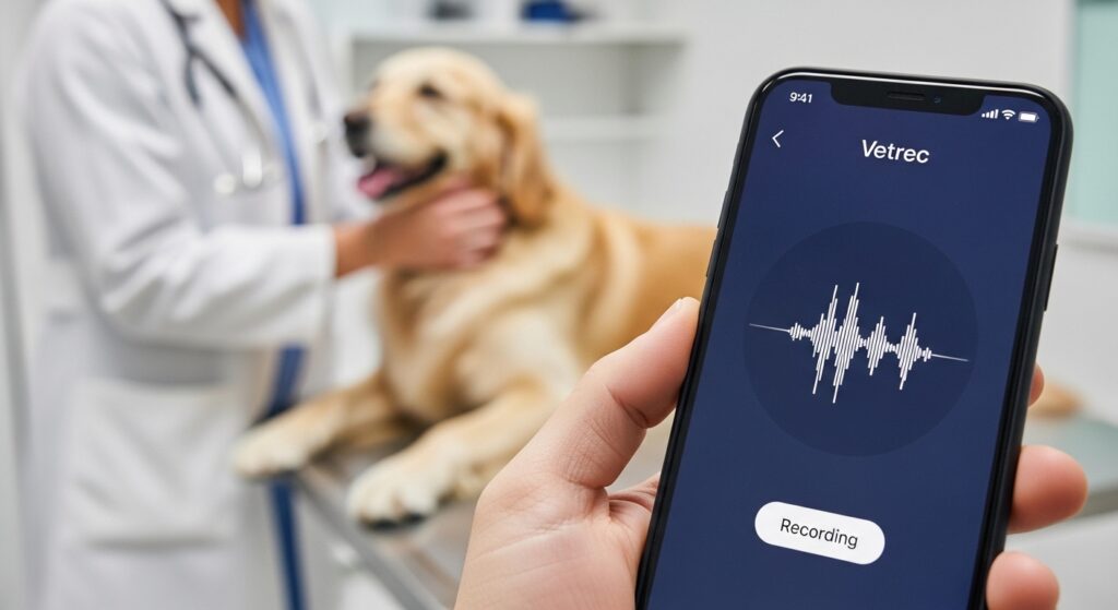 Vetrec app recording a veterinary consultation to generate automated SOAP notes.