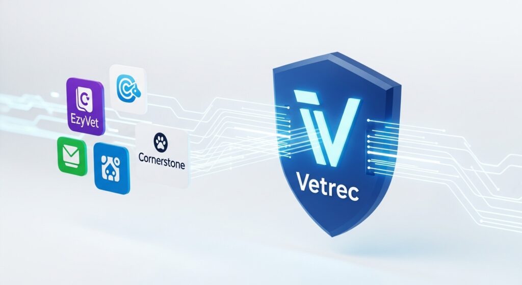 Vetrec integrations with EzyVet, Cornerstone, and other veterinary practice management systems.