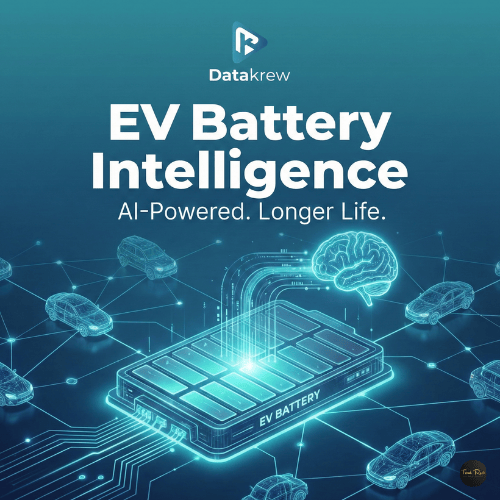 Datakrew featured image displaying a glowing 3D EV battery pack connected to a digital brain with the text EV Battery Intelligence AI-Powered Longer Life.